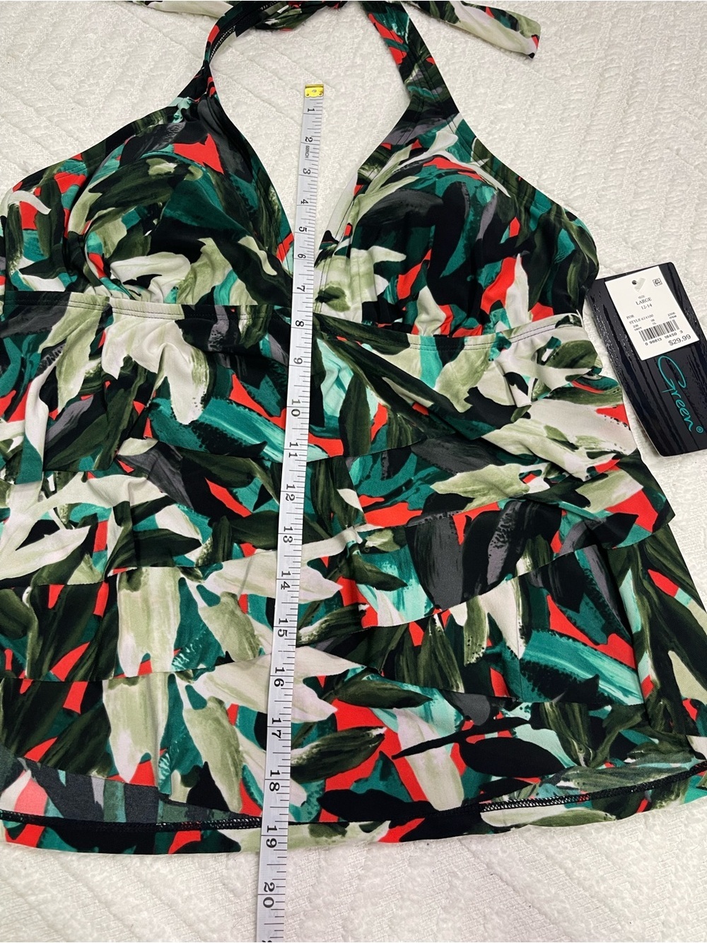 Aqua Green Black Tropical Print Swim Top with Green & Red - Picture 12 of 12